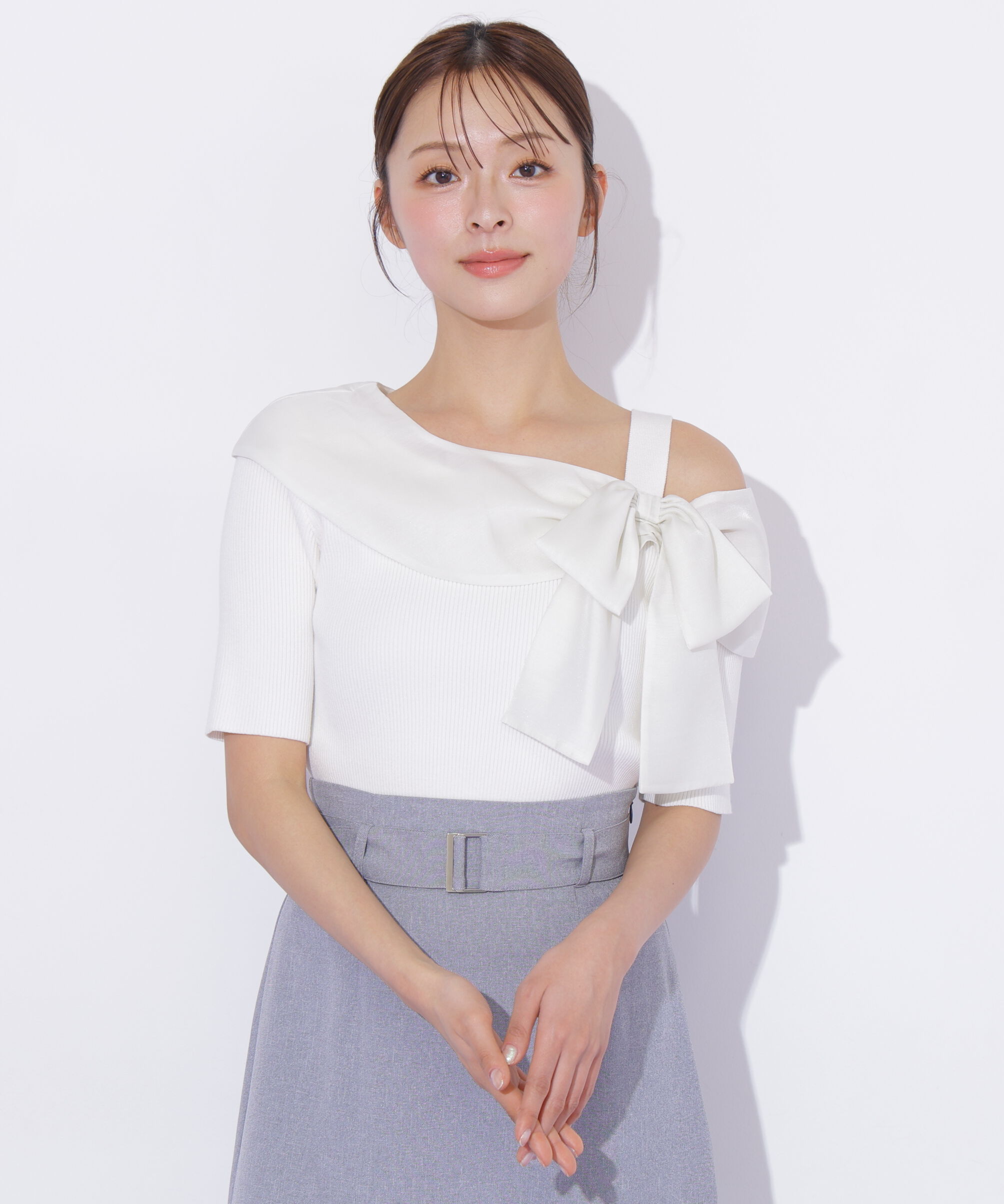  「半袖アシメリボンニット」|ニット・セーター|