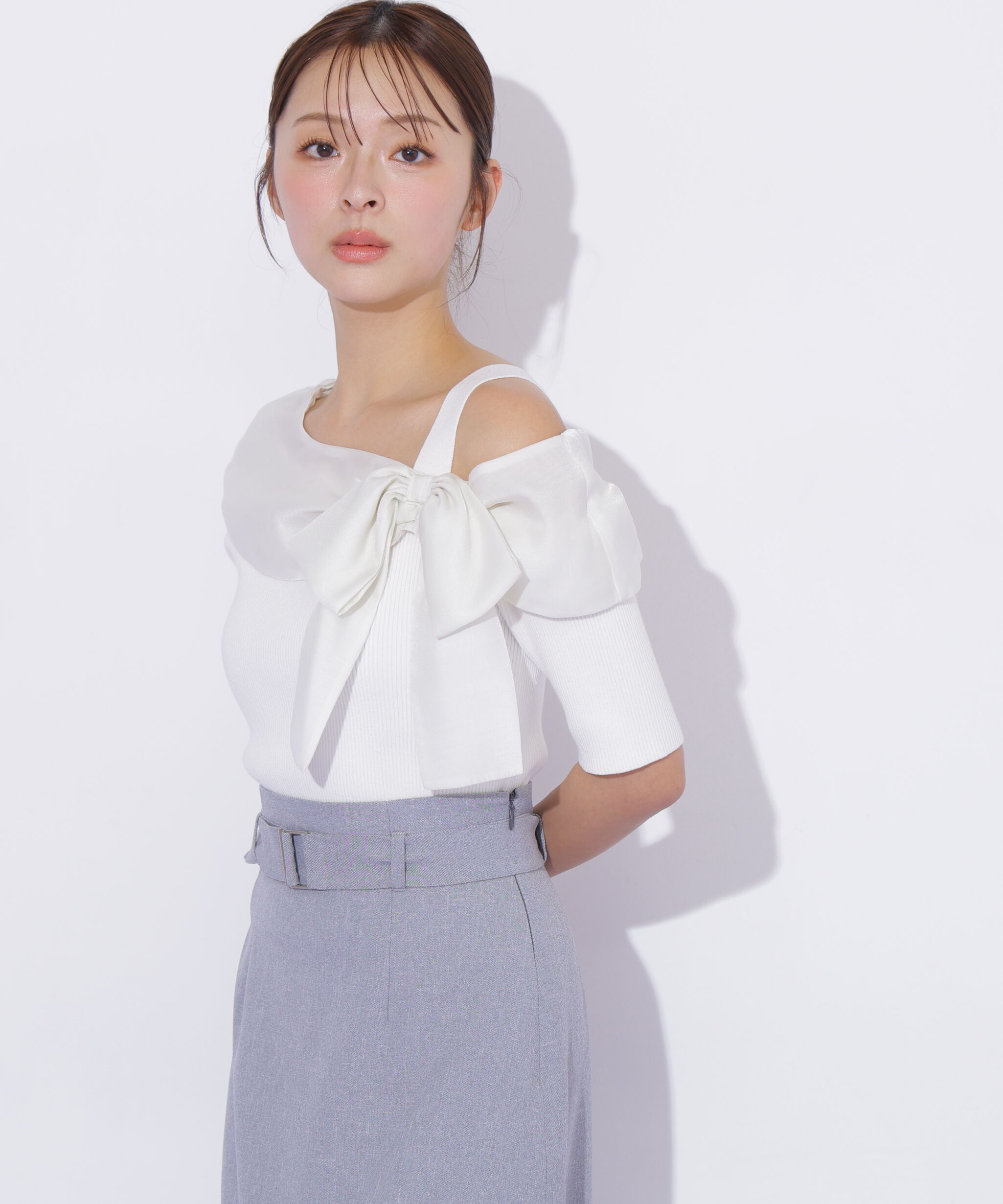  「半袖アシメリボンニット」|ニット・セーター|