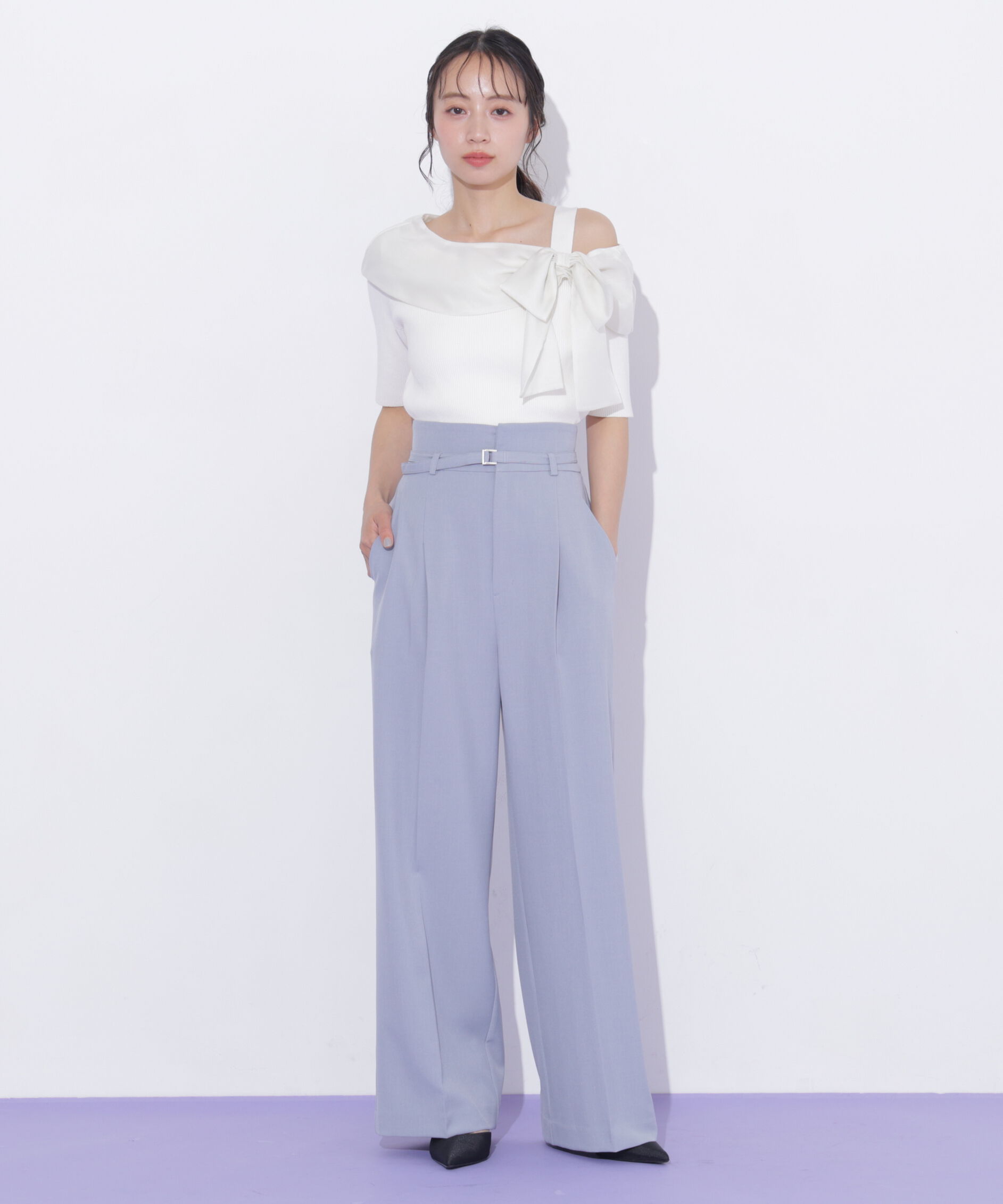  「半袖アシメリボンニット」|ニット・セーター|