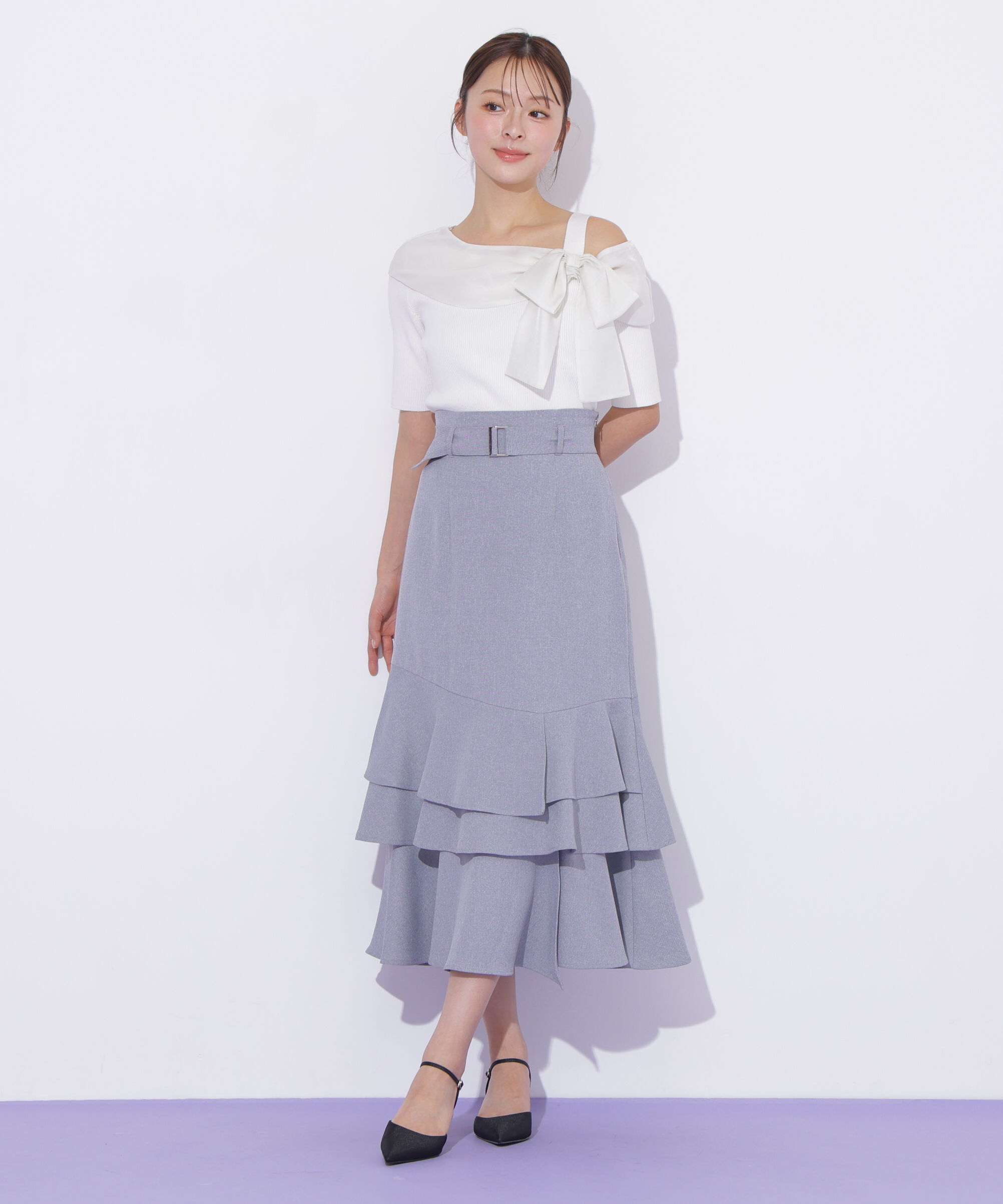  「半袖アシメリボンニット」|ニット・セーター|