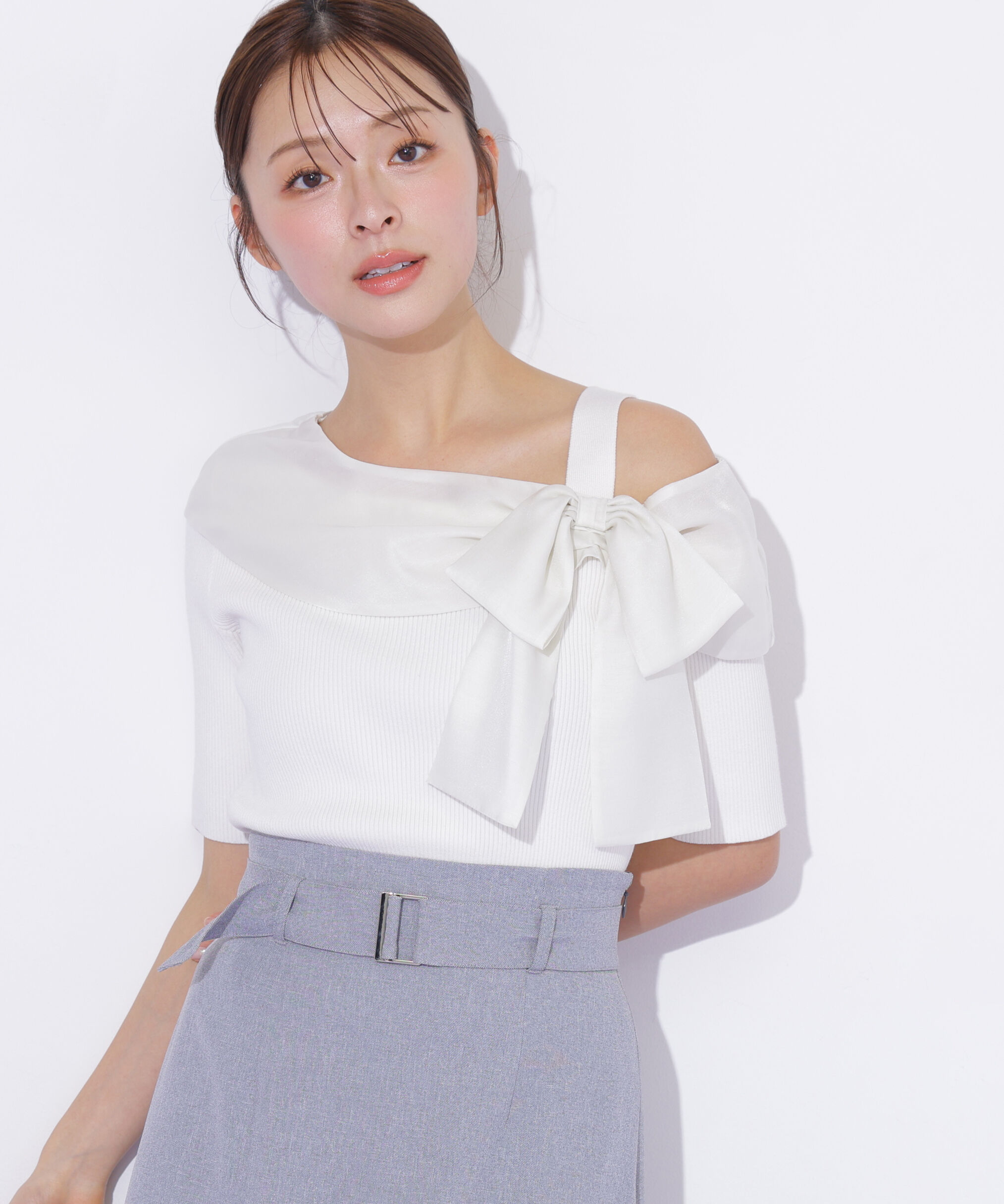  「半袖アシメリボンニット」|ニット・セーター|