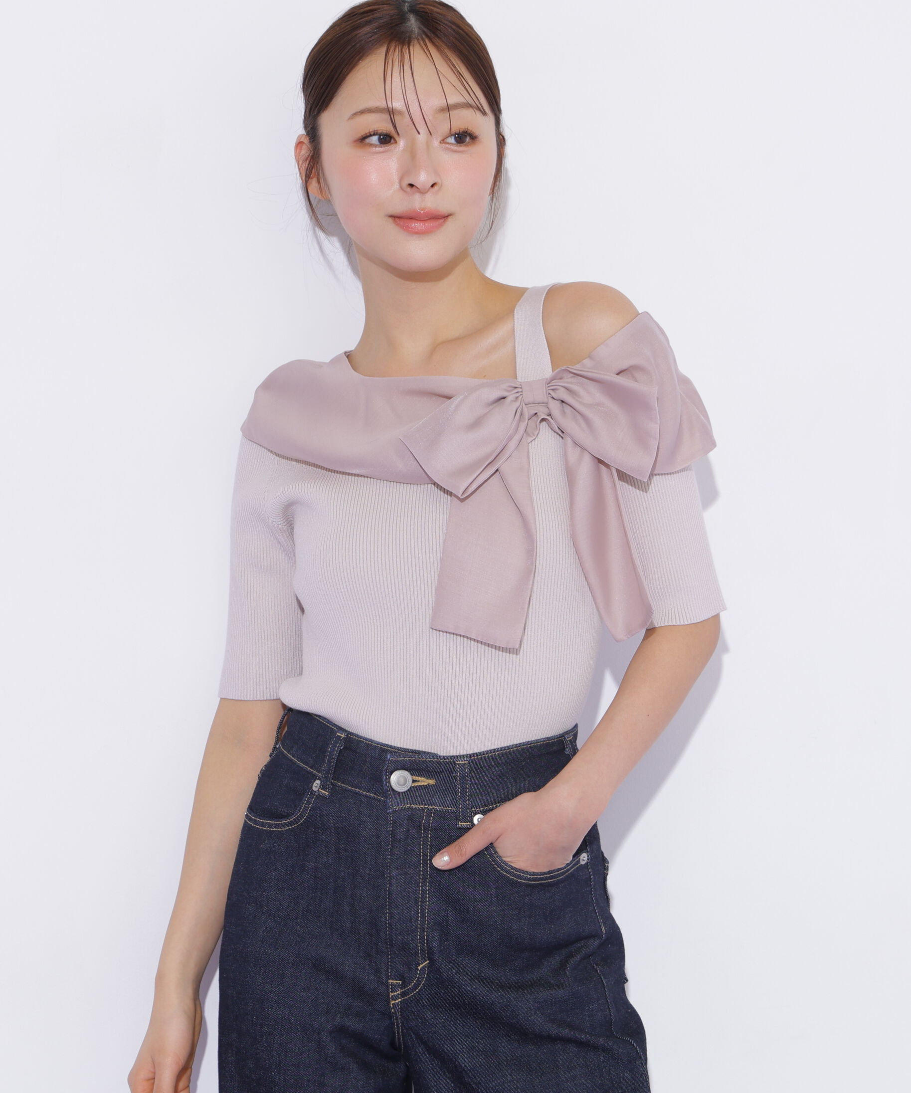  「半袖アシメリボンニット」|ニット・セーター|ピンク