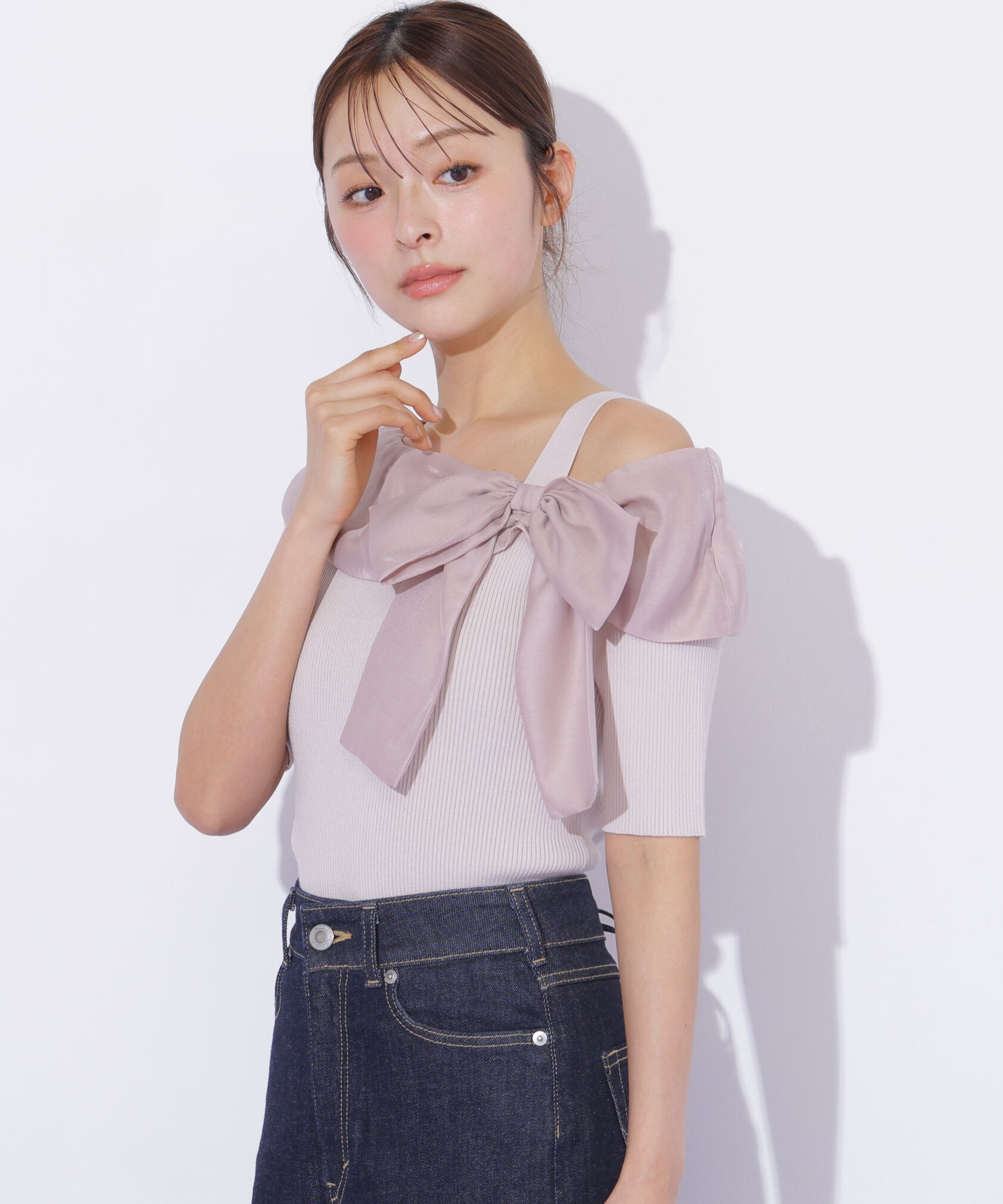  「半袖アシメリボンニット」|ニット・セーター|