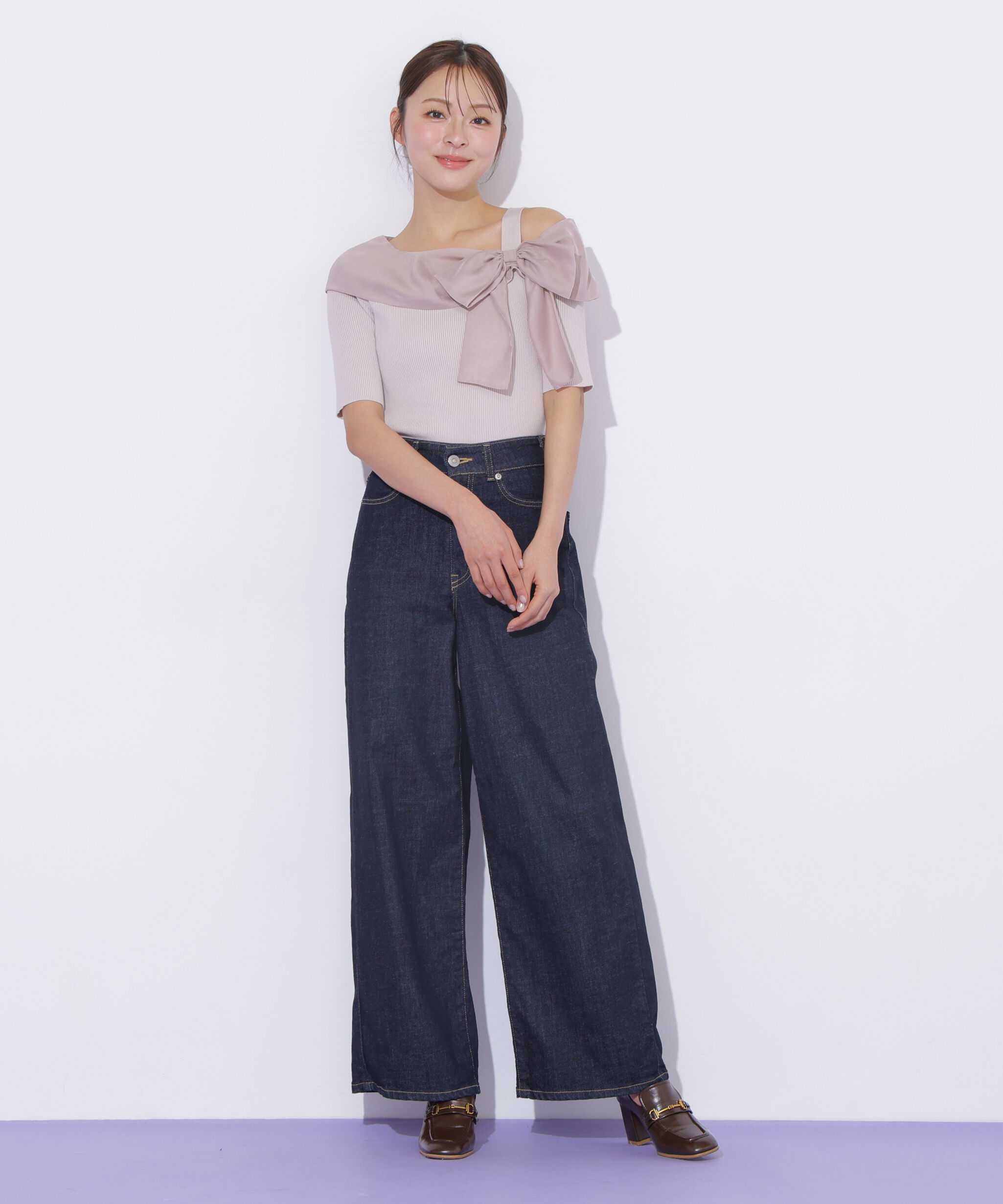  「半袖アシメリボンニット」|ニット・セーター|