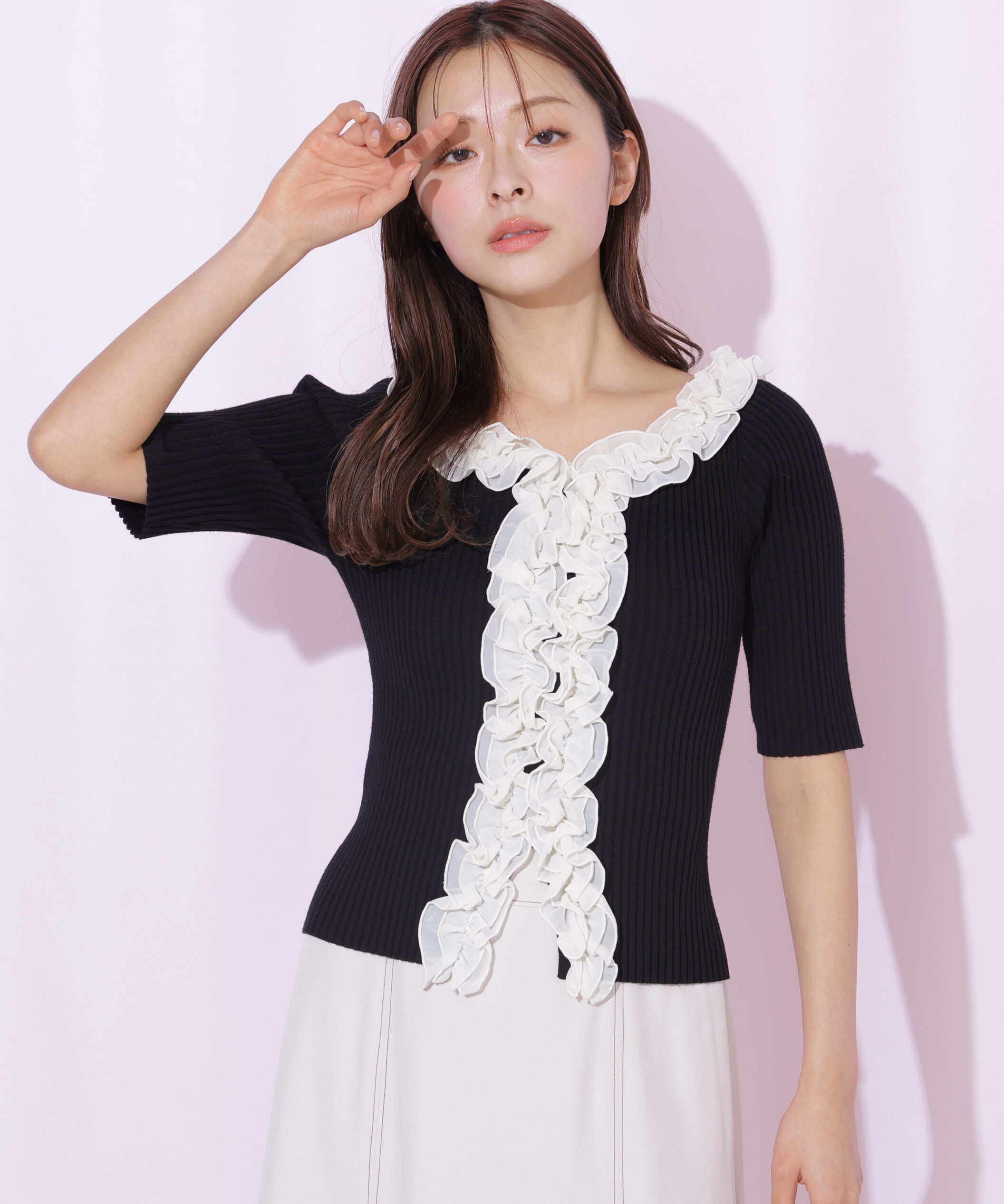  「フリルトリムニット半袖」|ニット・セーター|