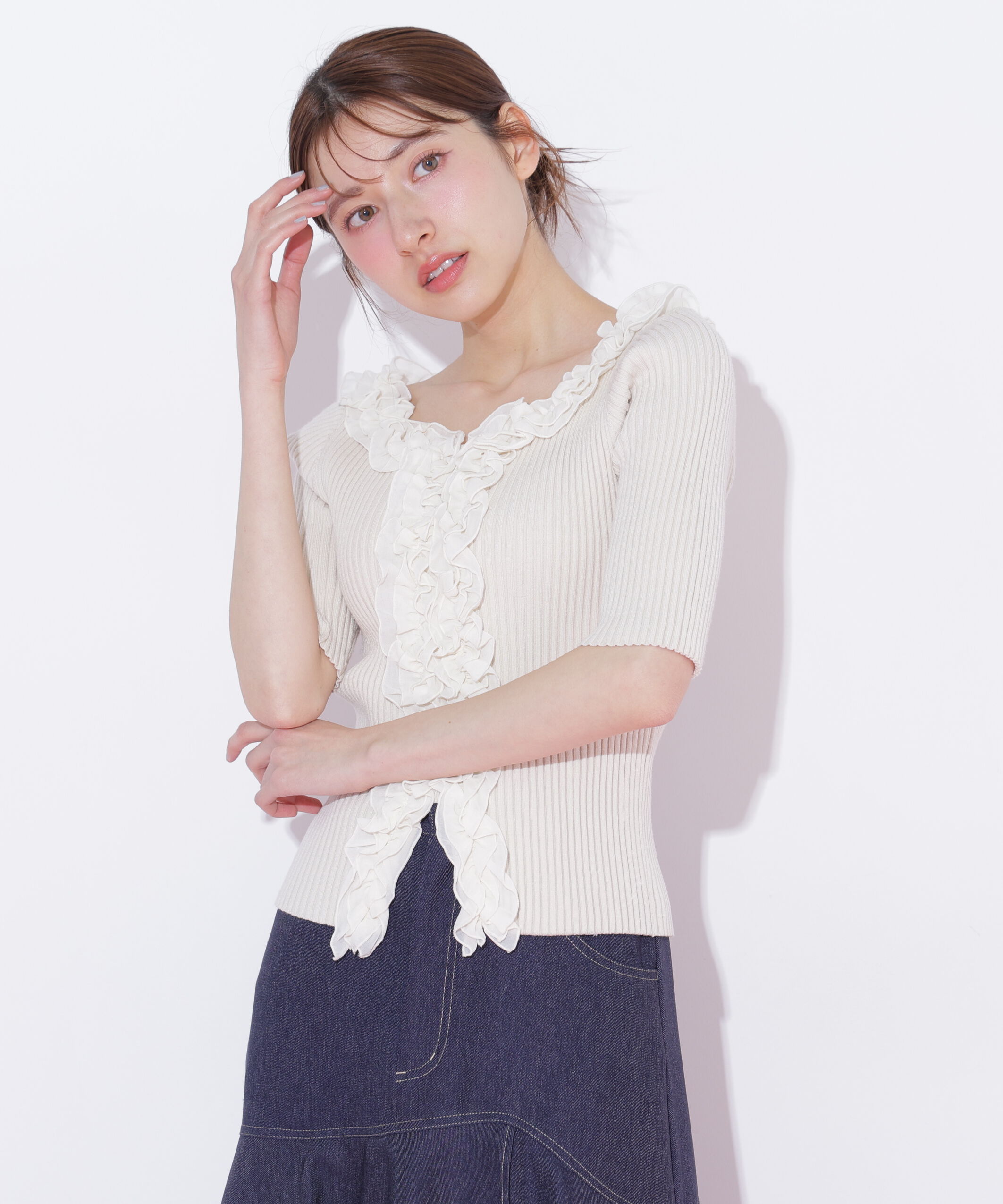  「フリルトリムニット半袖」|ニット・セーター|