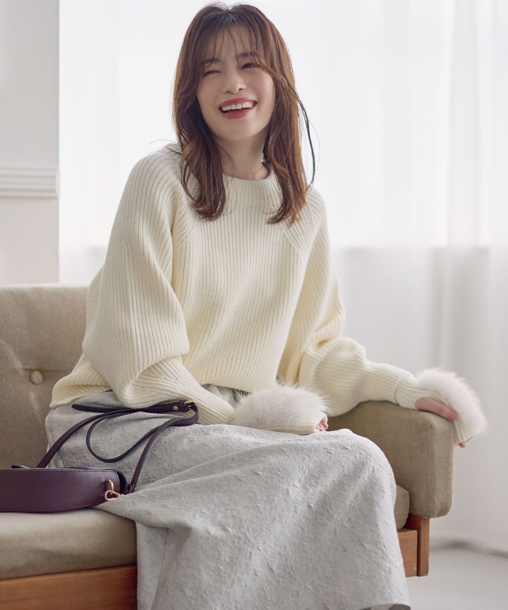  「◆ファーグローブ付き畦ニットプルオーバー」|ニット・セーター|ホワイト