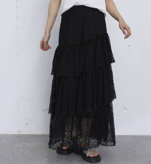 archives「アシンメトリーレースフリルティアードスカート」|スカート|BLACK
