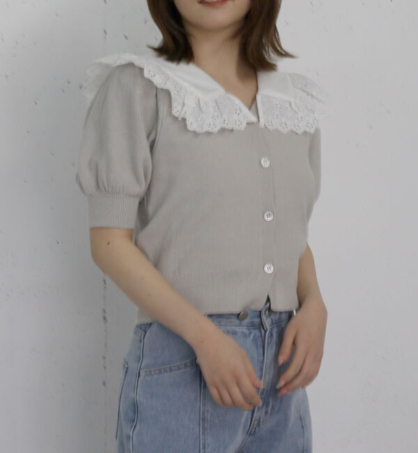 archives「フリルカラー付きパフスリーブニットカーディガン」|カーディガン|