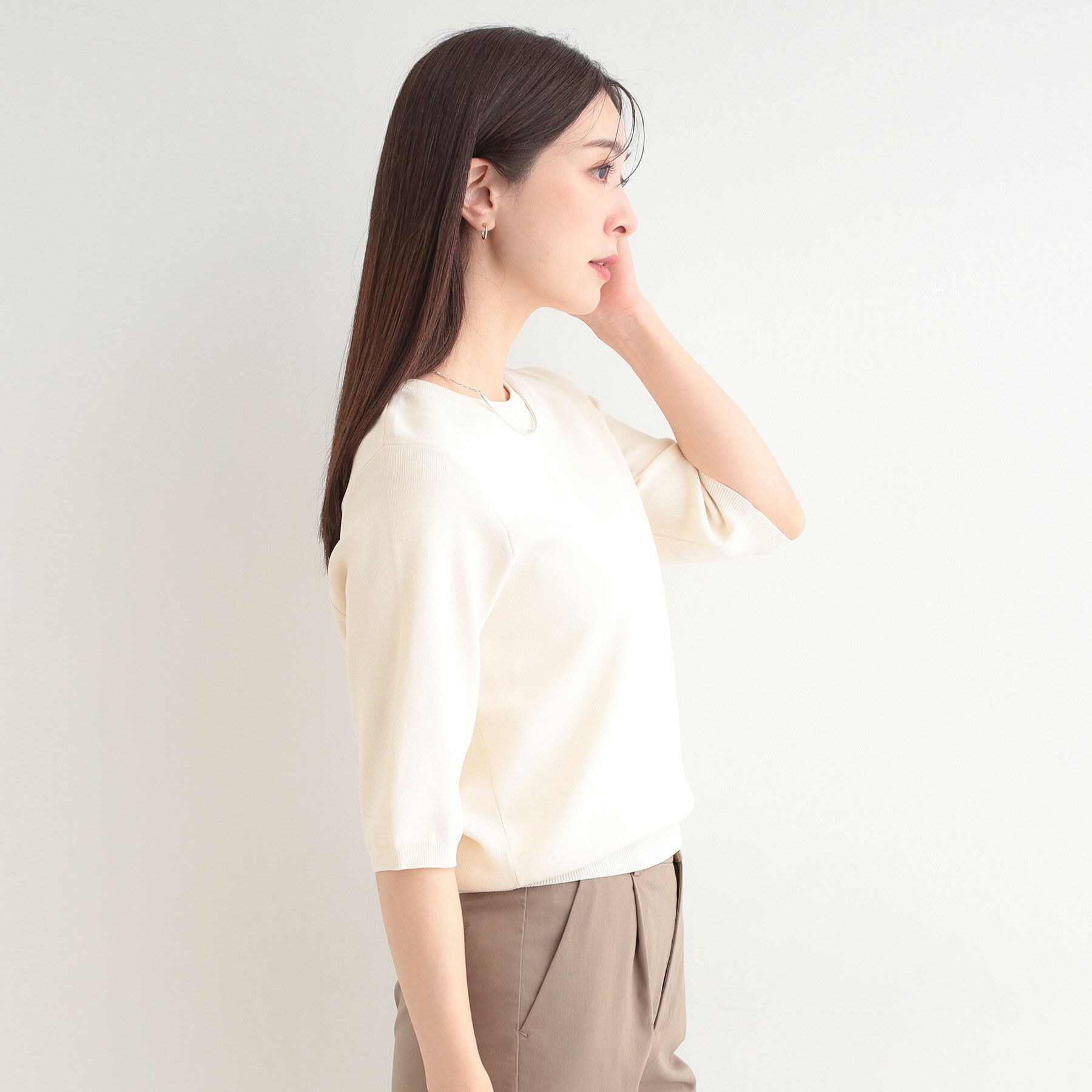 SHOO･LA･RUE「【毎日洗える/S-LL】上半身がすっきり見える　多機能5分袖ニット」|ニット・セーター|