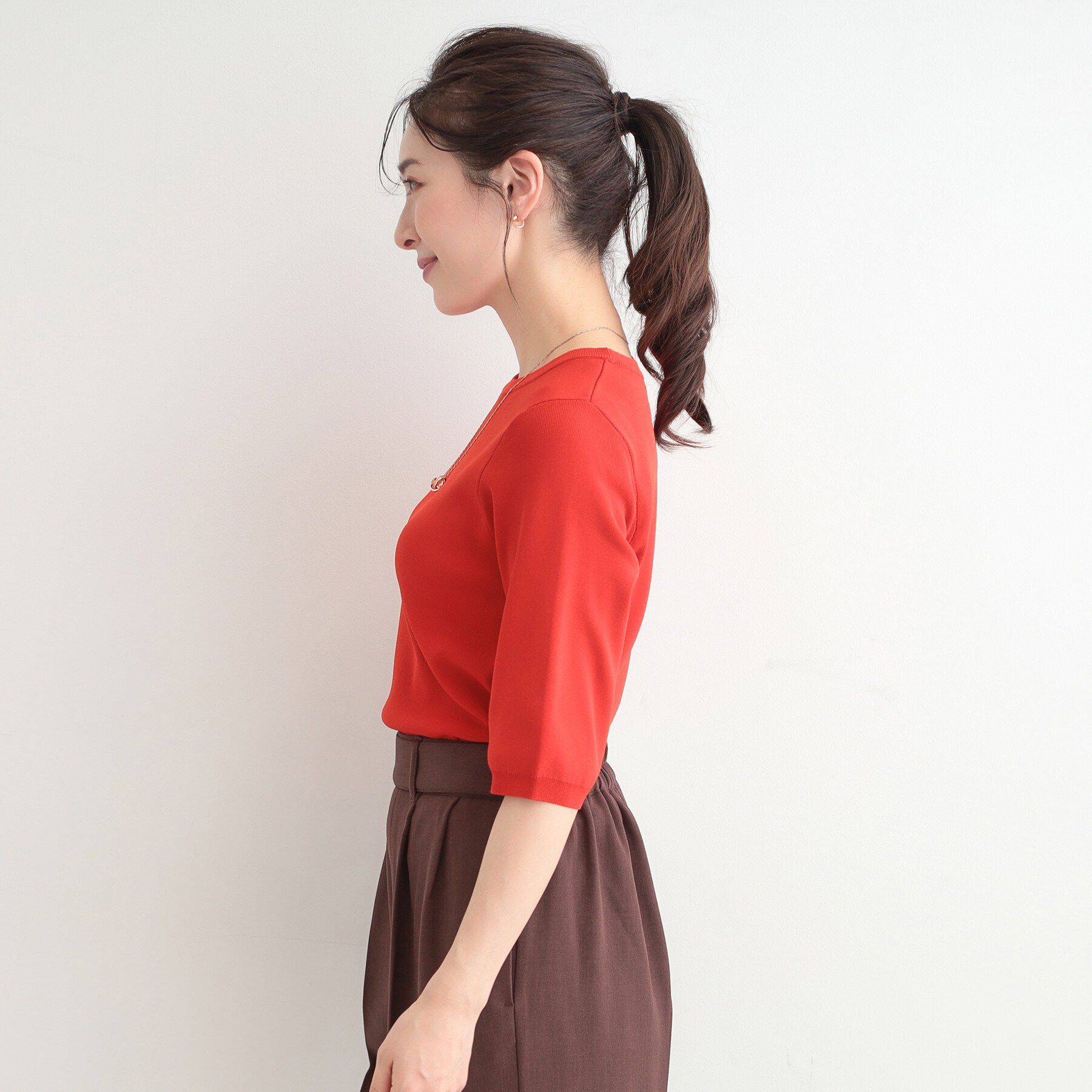 SHOO･LA･RUE「【毎日洗える/S-LL】上半身がすっきり見える　多機能5分袖ニット」|ニット・セーター|