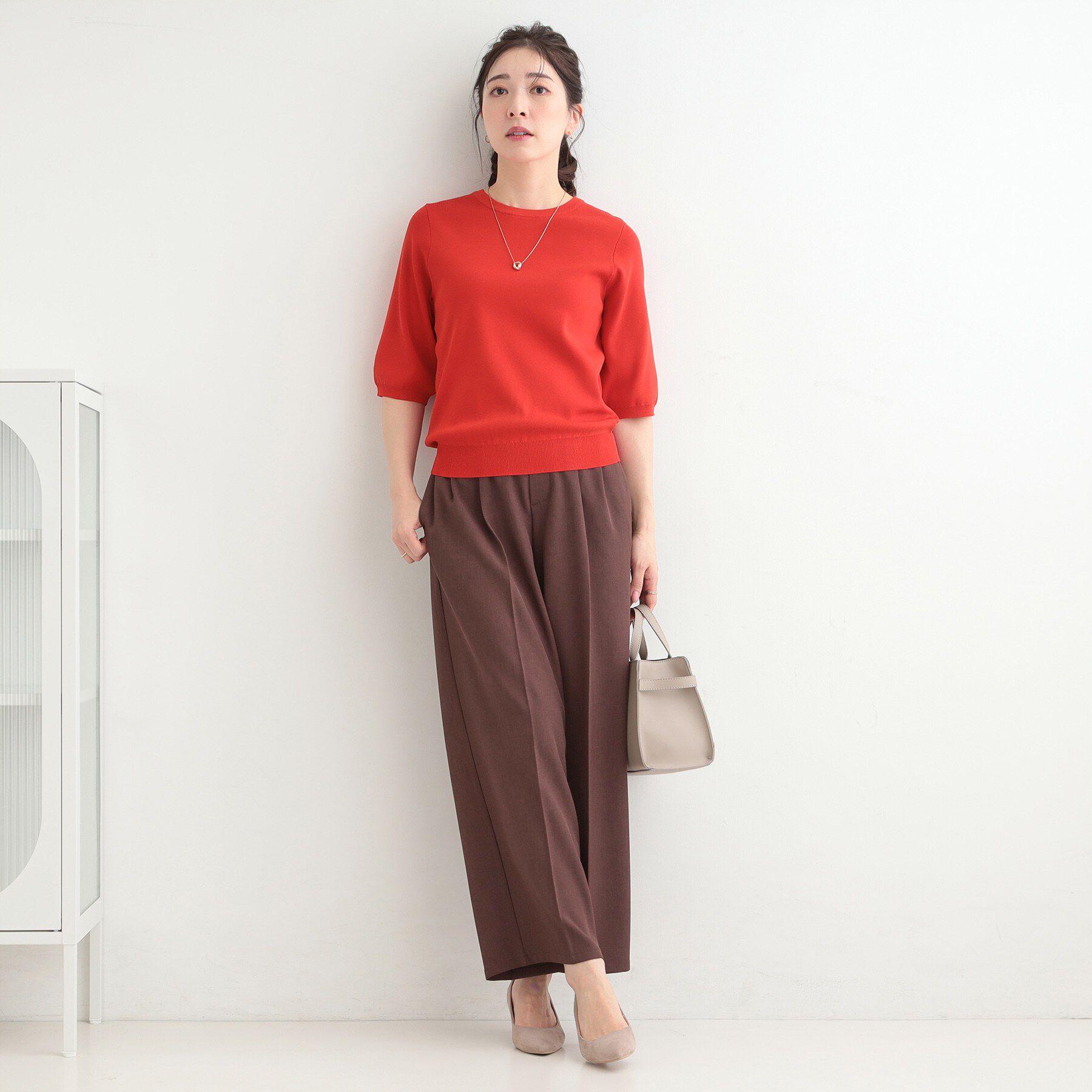 SHOO･LA･RUE「【毎日洗える/S-LL】上半身がすっきり見える　多機能5分袖ニット」|ニット・セーター|