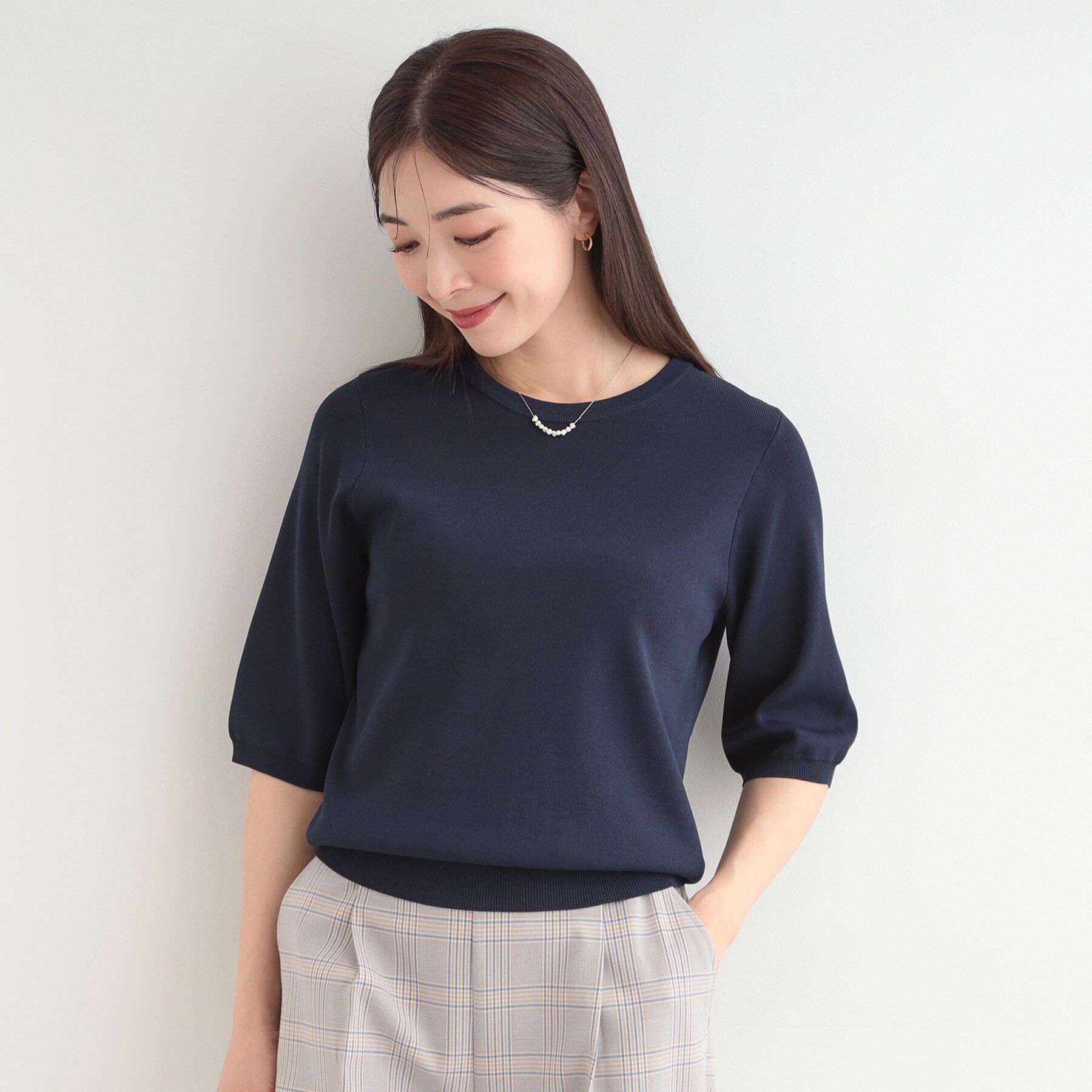 SHOO･LA･RUE「【毎日洗える/S-LL】上半身がすっきり見える　多機能5分袖ニット」|ニット・セーター|