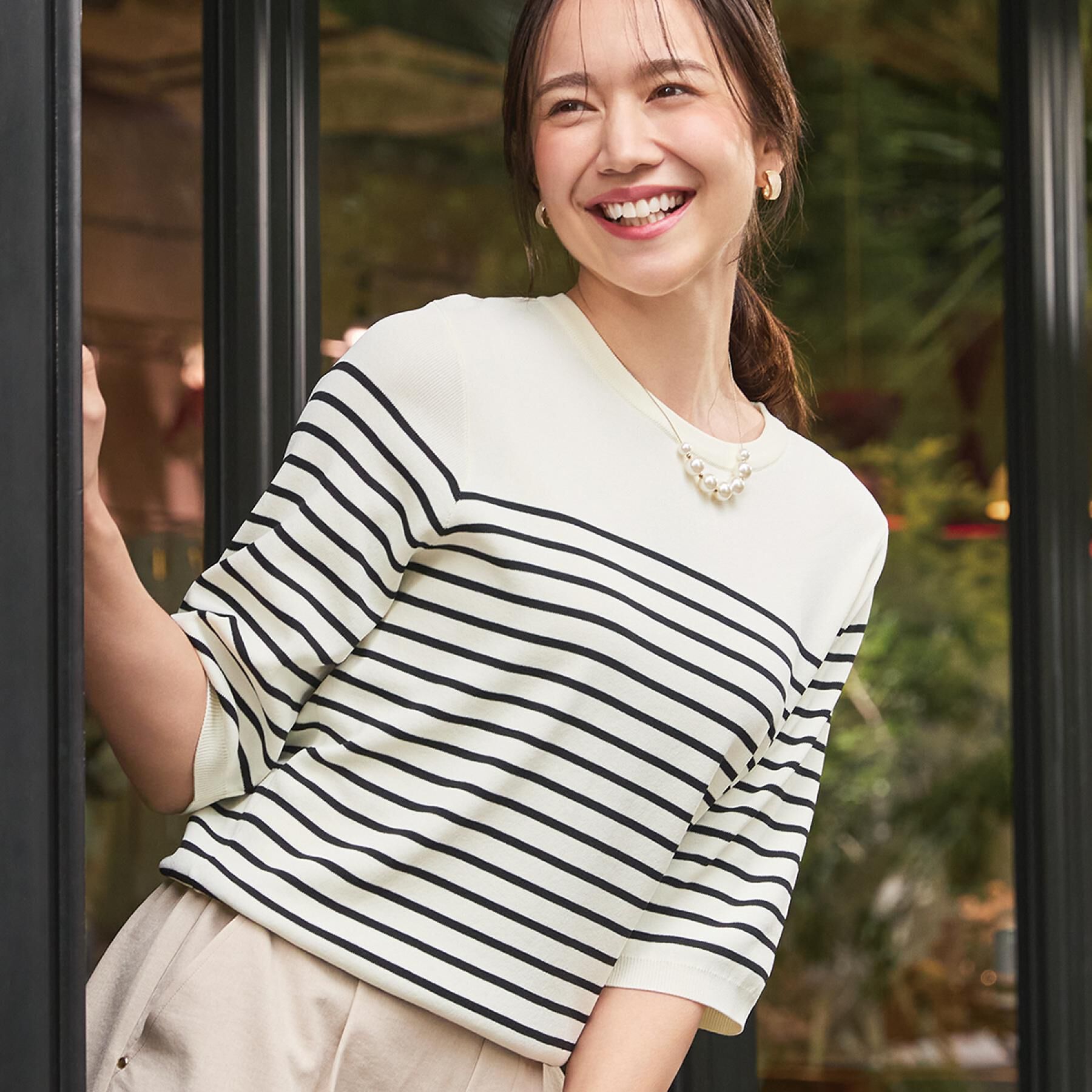 SHOO･LA･RUE「【毎日洗える/S-LL】上半身がすっきり見える　多機能5分袖ニット」|ニット・セーター|