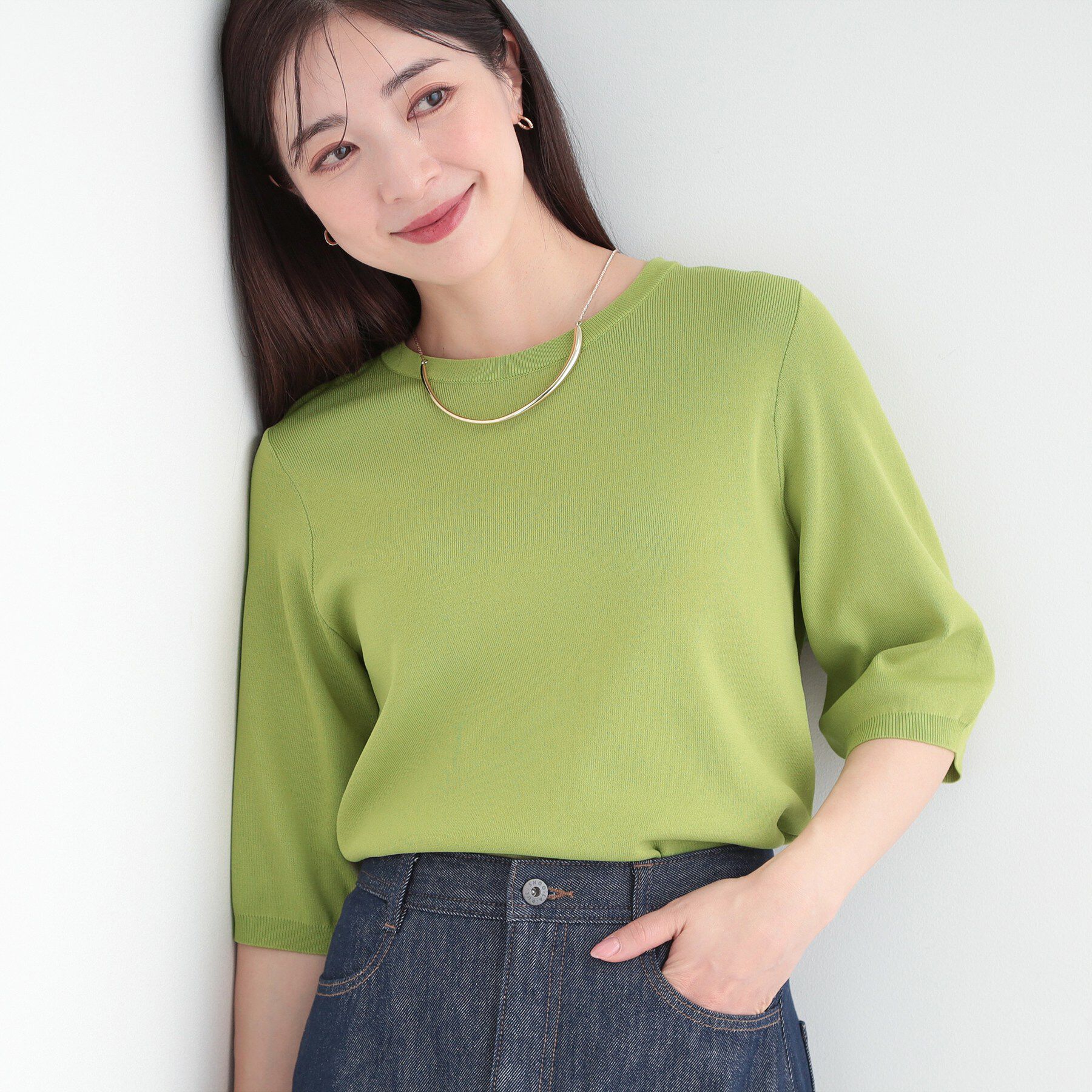 SHOO･LA･RUE「【毎日洗える/S-LL】上半身がすっきり見える　多機能5分袖ニット」|ニット・セーター|グリーン(025)