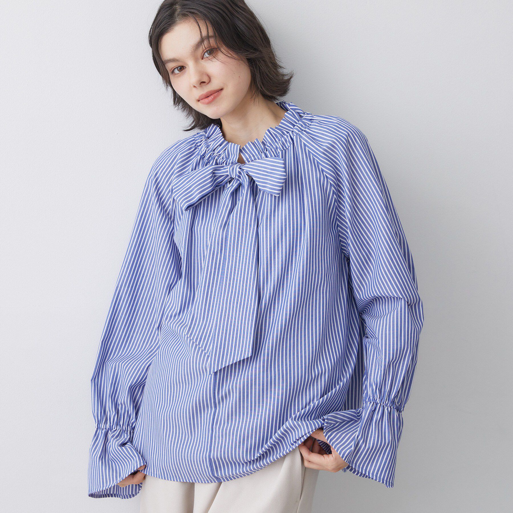 Dessin「【洗える】フリルボウタイストライプブラウス」|シャツ・ブラウス|