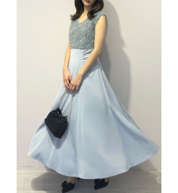 MERCURYDUO「チュールフリルドッキングサテンワンピース」|ドレス|