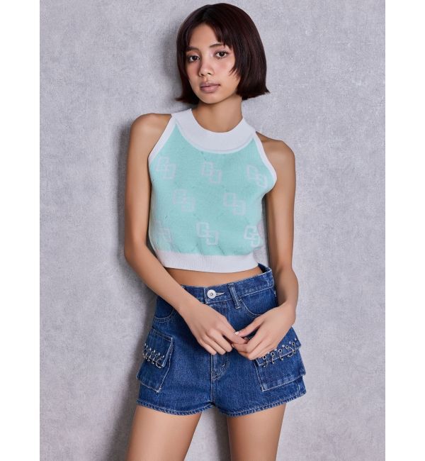 GYDA「ring bijou studsデザインデニムショートパンツ」|デニム|