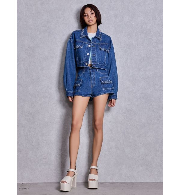 GYDA「ring bijou studsデザインデニムショートパンツ」|デニム|