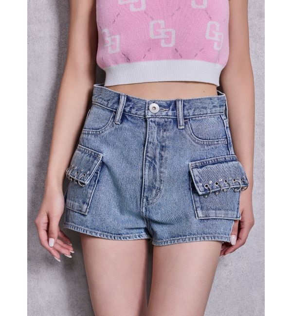 GYDA「ring bijou studsデザインデニムショートパンツ」|デニム|