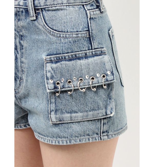 GYDA「ring bijou studsデザインデニムショートパンツ」|デニム|