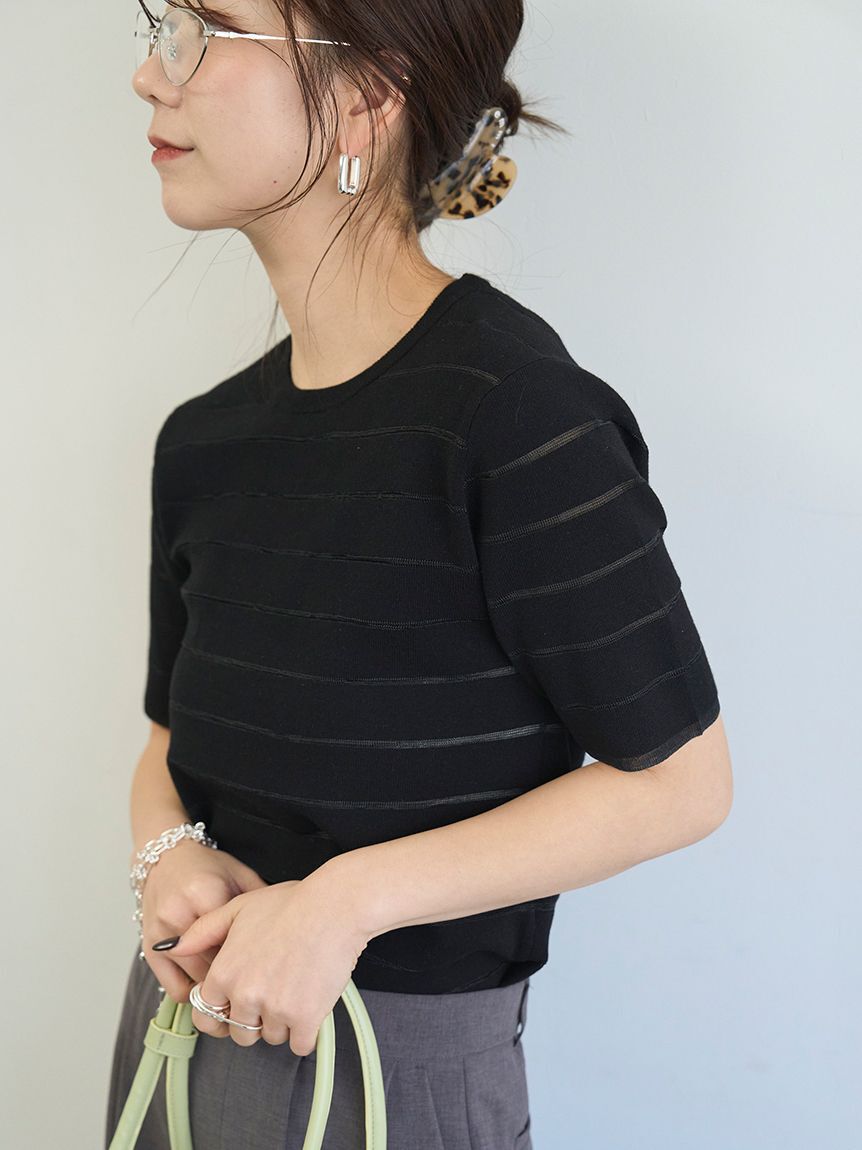 emmi atelier「ハーフスリーブボーダーニット/接触冷感」|ニット・セーター|