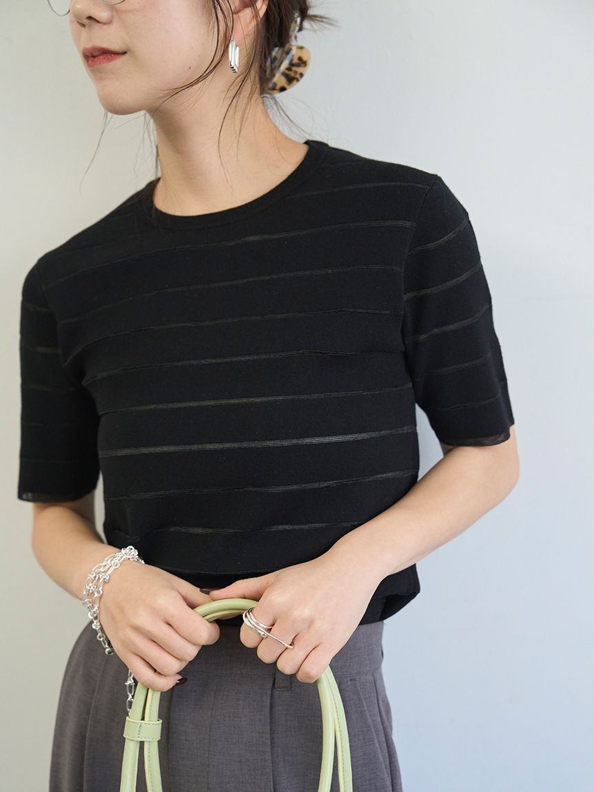 emmi atelier「ハーフスリーブボーダーニット/接触冷感」|ニット・セーター|BLK