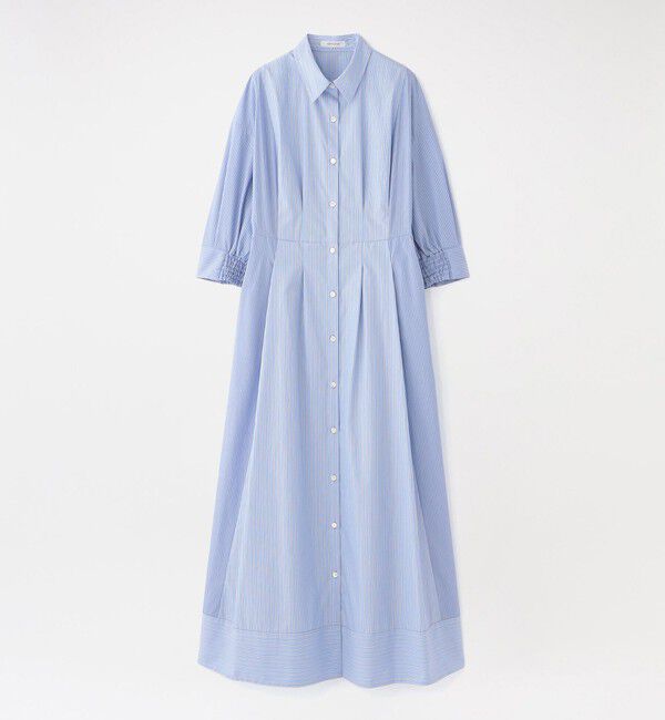  「ストライプブロックシャツワンピース」|ワンピース|サックスブルー