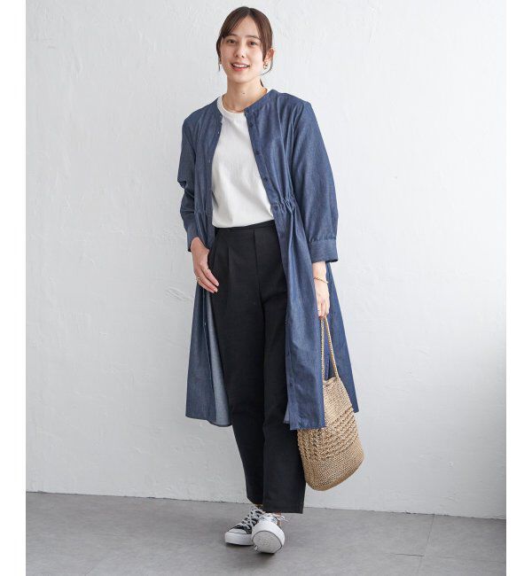 ikka「バンドカラーウエストドロストＯＰ」|ワンピース|ネイビーブルー