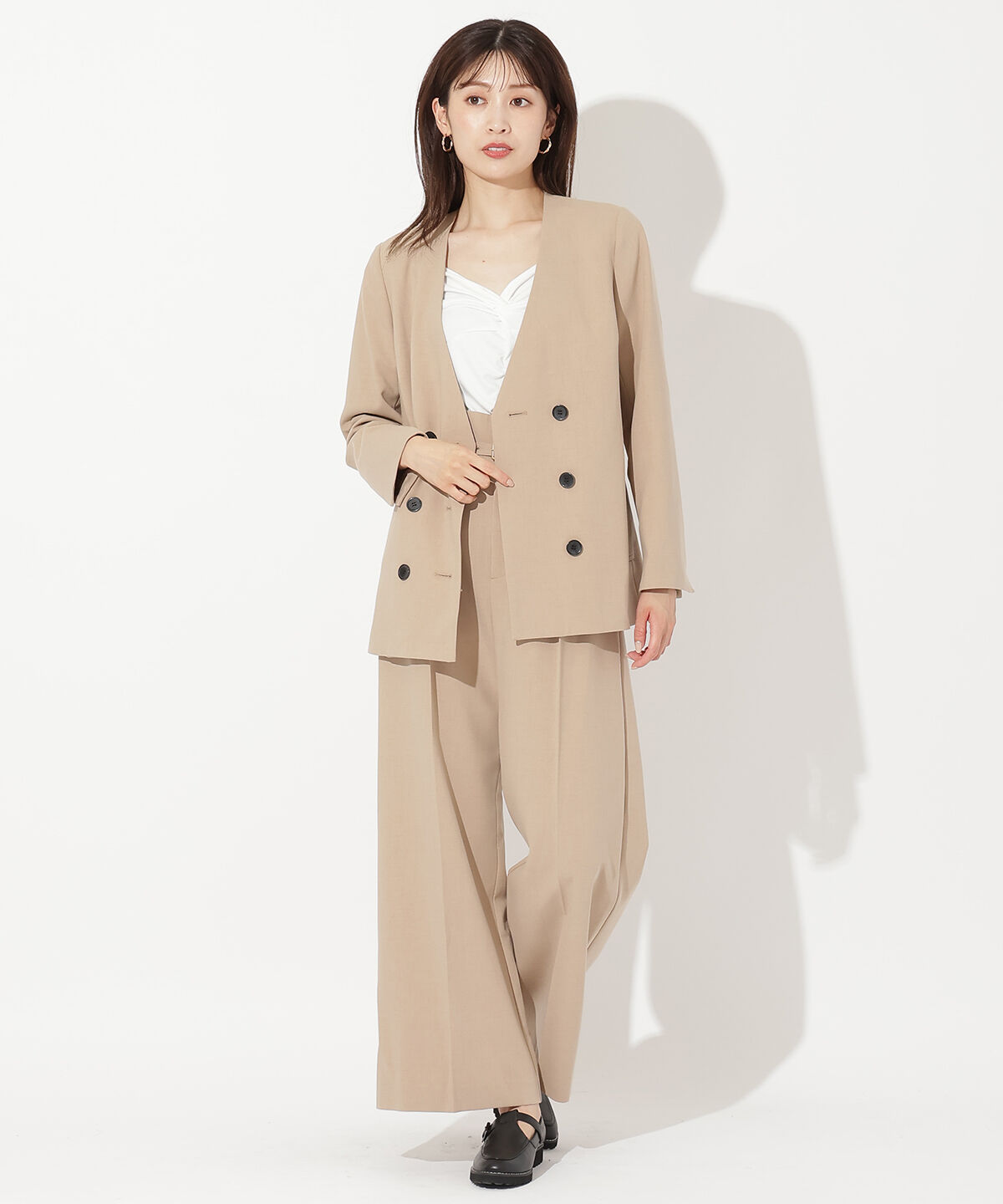 アンドクチュール「ノーカラーダブルジャケット」|ノーカラージャケット|