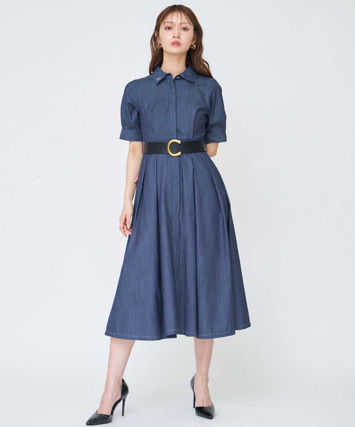 アンドクチュール「ベルト付き５分袖デニムワンピース」|ワンピース|ブルー