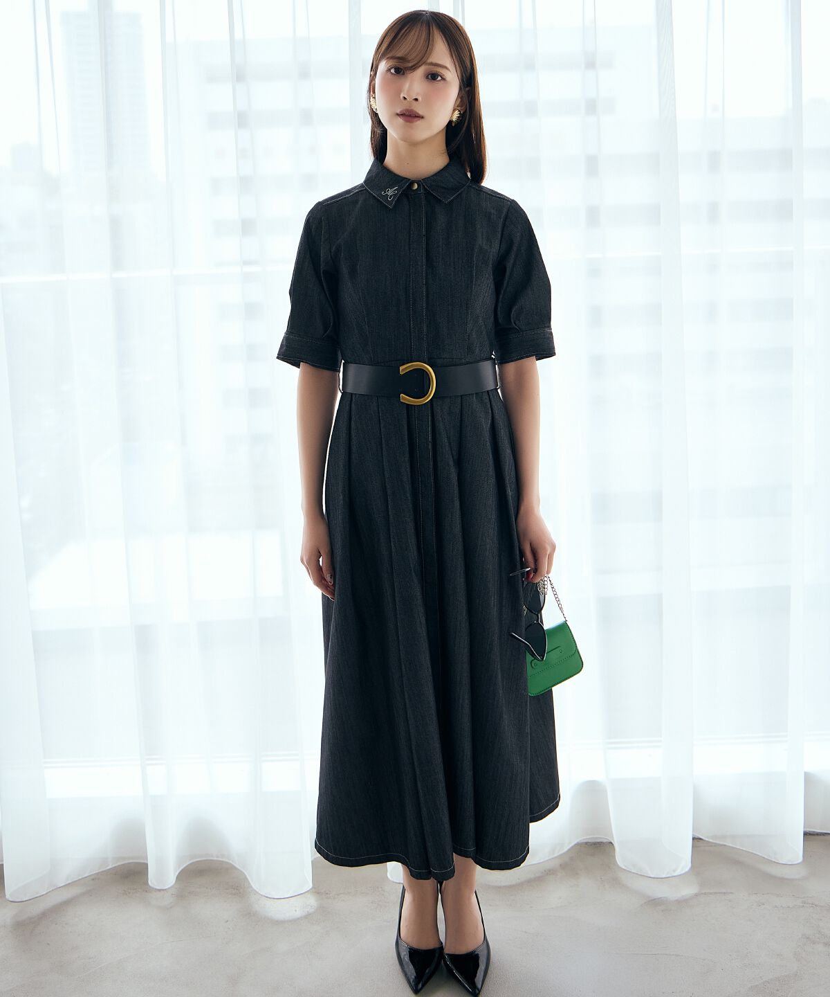 アンドクチュール「ベルト付き５分袖デニムワンピース」|ワンピース|