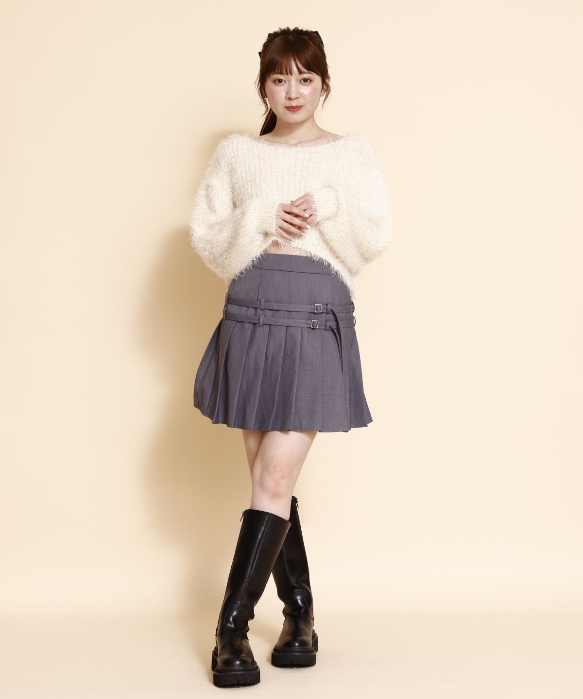 REDYAZEL「ダブルベルトプリーツミニスカート」|フレア|