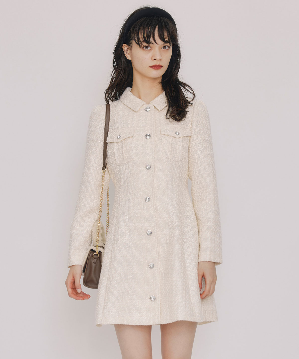 REDYAZEL「ビジューボタンファンシーツイードシャツミニワンピース」|ワンピース|