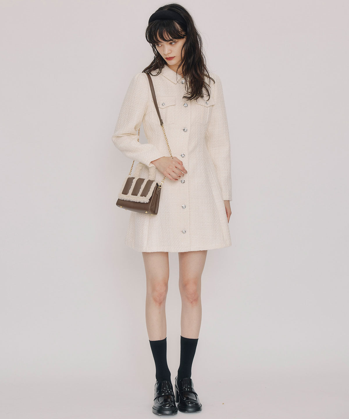 REDYAZEL「ビジューボタンファンシーツイードシャツミニワンピース」|ワンピース|