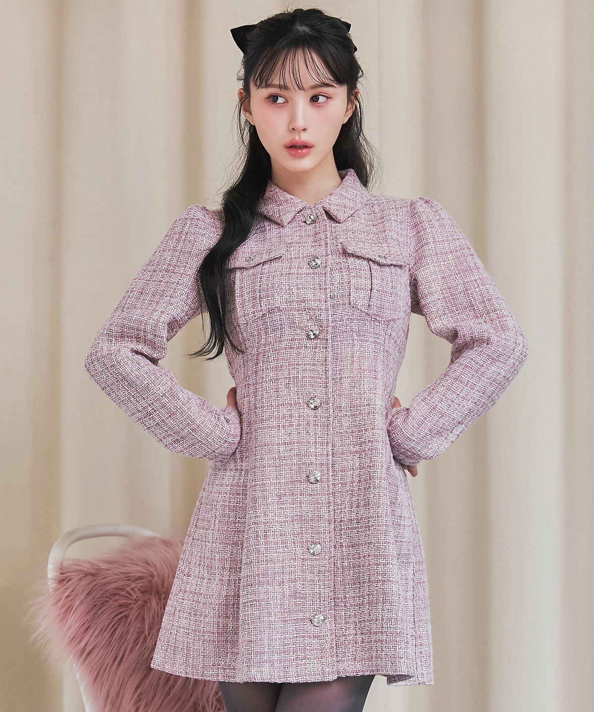 REDYAZEL「ビジューボタンファンシーツイードシャツミニワンピース」|ワンピース|ピンク