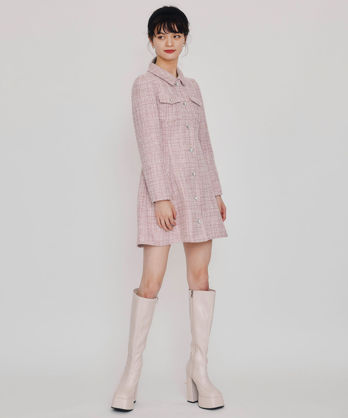 REDYAZEL「ビジューボタンファンシーツイードシャツミニワンピース」|ワンピース|