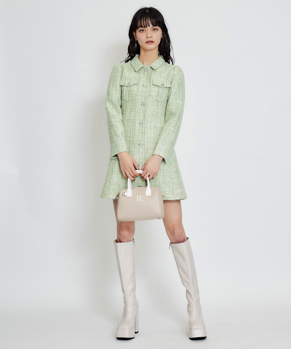 REDYAZEL「ビジューボタンファンシーツイードシャツミニワンピース」|ワンピース|