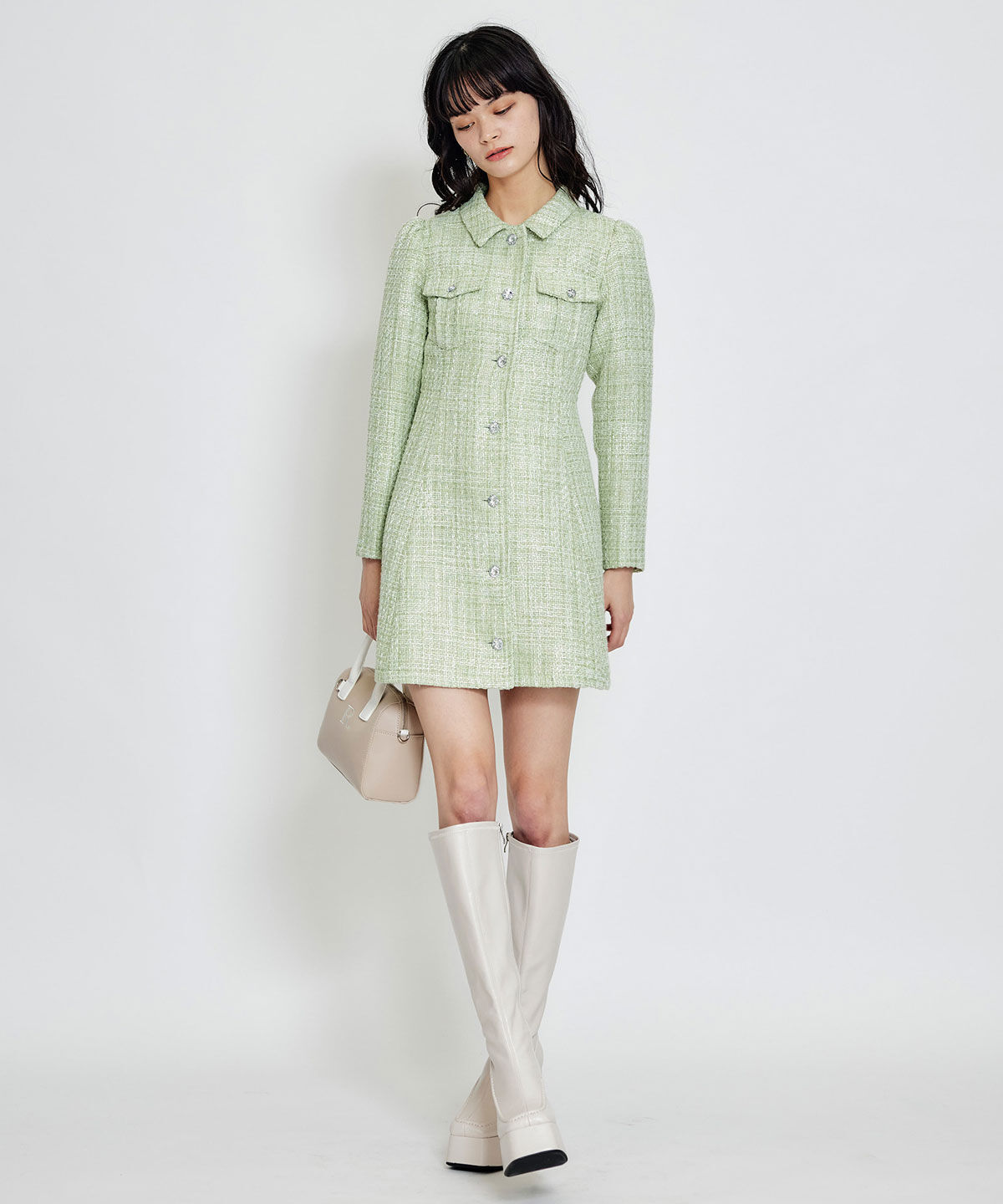 REDYAZEL「ビジューボタンファンシーツイードシャツミニワンピース」|ワンピース|
