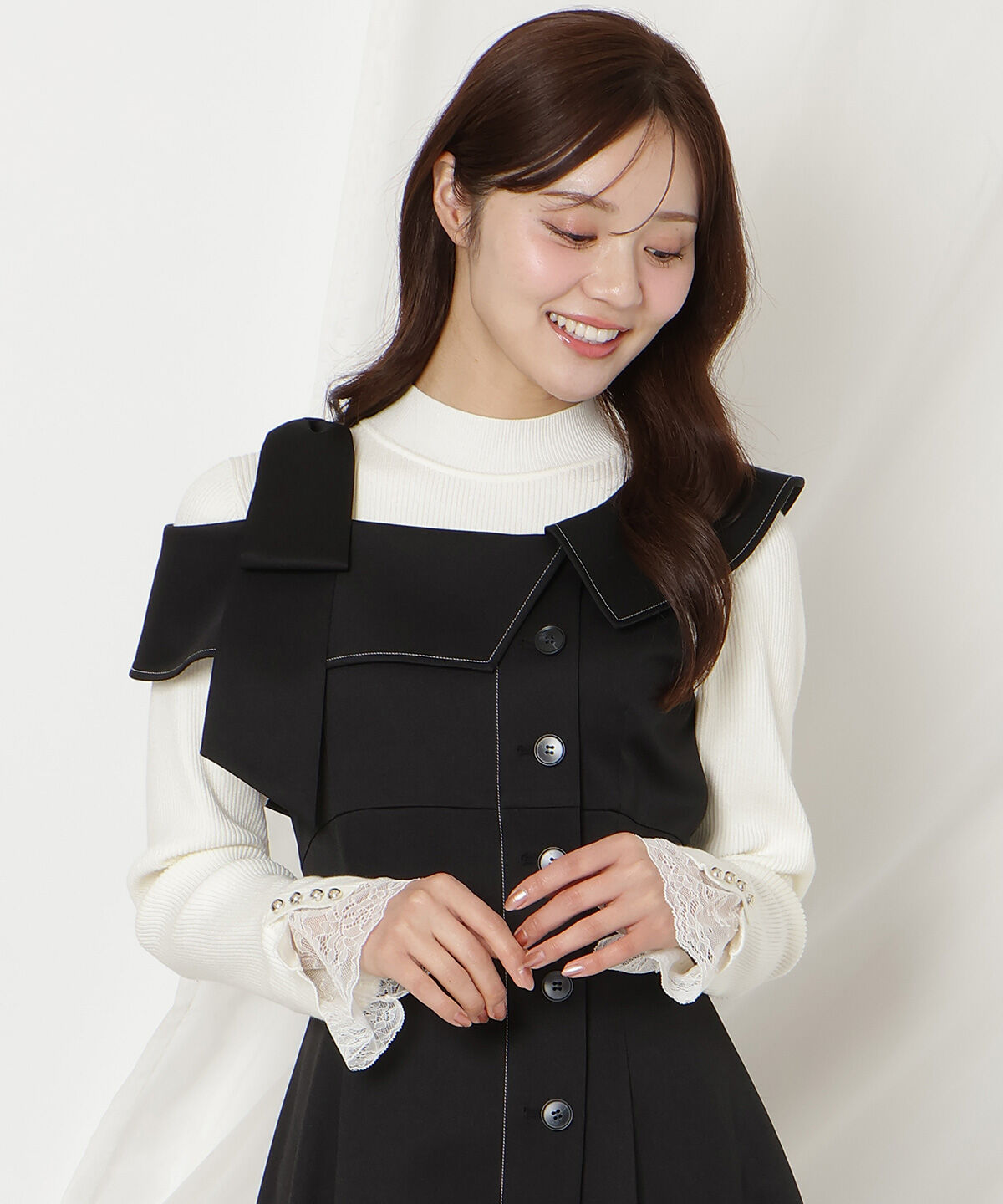 WILLSELECTION「アシンメトリーリボンショルダーワンピース」|ジャンパースカート|