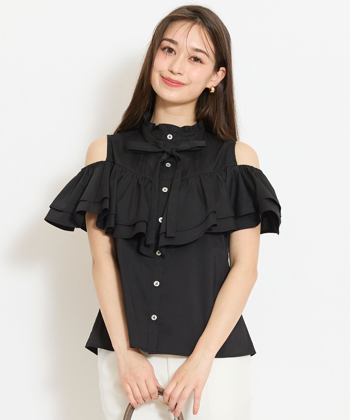 WILLSELECTION「スタンドフリル２WAYスリーブブラウス」|シャツ・ブラウス|ブラック