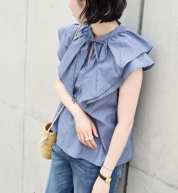 quaranciel「quaranciel:〈洗濯機可能〉ブロード ラッフル スタンドカラー ブラウス」|シャツ・ブラウス|ブルー