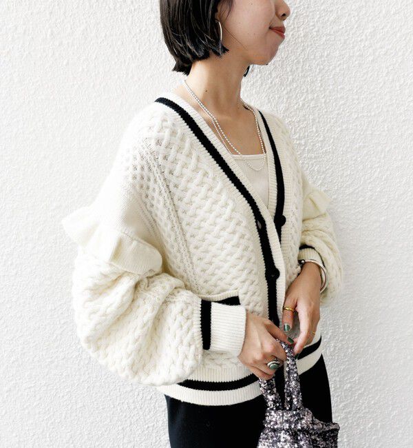 SHIPS for women「【WEB限定】袖 フリル チルデン ケーブル ライン カーディガン」|カーディガン|