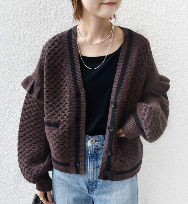 SHIPS for women「【WEB限定】袖 フリル チルデン ケーブル ライン カーディガン」|カーディガン|