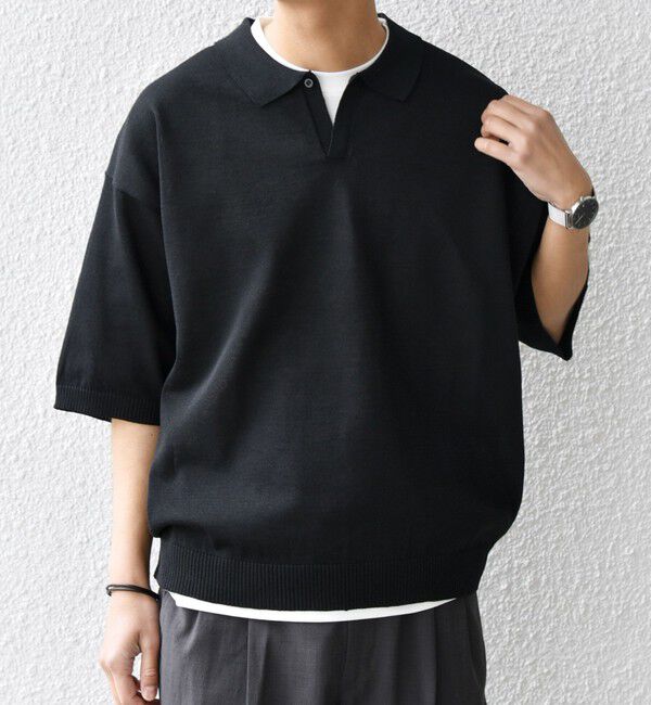 SHIPS any「SHIPS any:〈手洗い可能〉リネンミックス ハイゲージ ニット スキッパー ポロシャツ◆」|ポロシャツ|ブラック