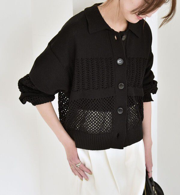 quaranciel「quaranciel:〈手洗い可能〉透かし編み 襟付き ニット カーディガン」|カーディガン|