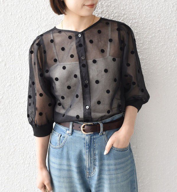 SHIPS Colors 「SHIPS Colors:〈手洗い可能〉シアー フロッキー ドット 5分袖 ブラウス◇」|シャツ・ブラウス|ブラック