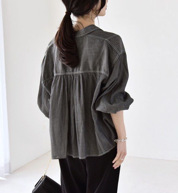 quaranciel「《予約》quaranciel:〈洗濯機可能〉シアー デニム ギャザー レギュラー シャツ」|シャツ・ブラウス|
