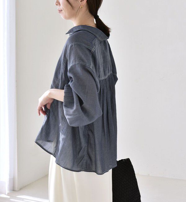 quaranciel「《予約》quaranciel:〈洗濯機可能〉シアー デニム ギャザー レギュラー シャツ」|シャツ・ブラウス|