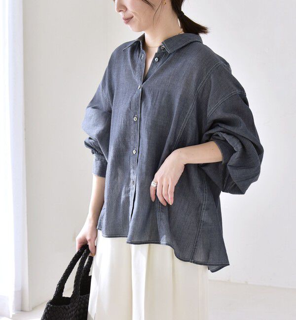 quaranciel「《予約》quaranciel:〈洗濯機可能〉シアー デニム ギャザー レギュラー シャツ」|シャツ・ブラウス|